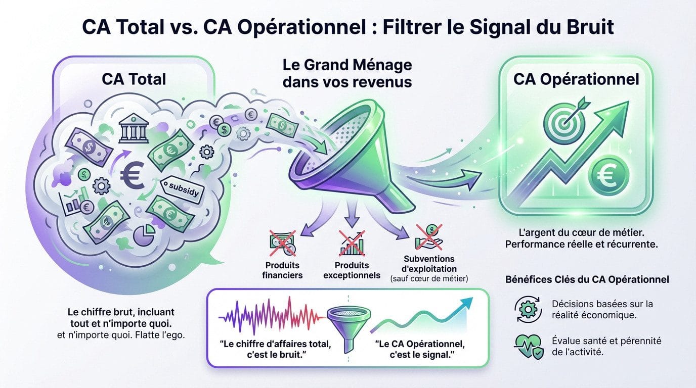 Comparaison visuelle entre le chiffre d'affaires total et le chiffre d'affaires opérationnel montrant le tri des revenus