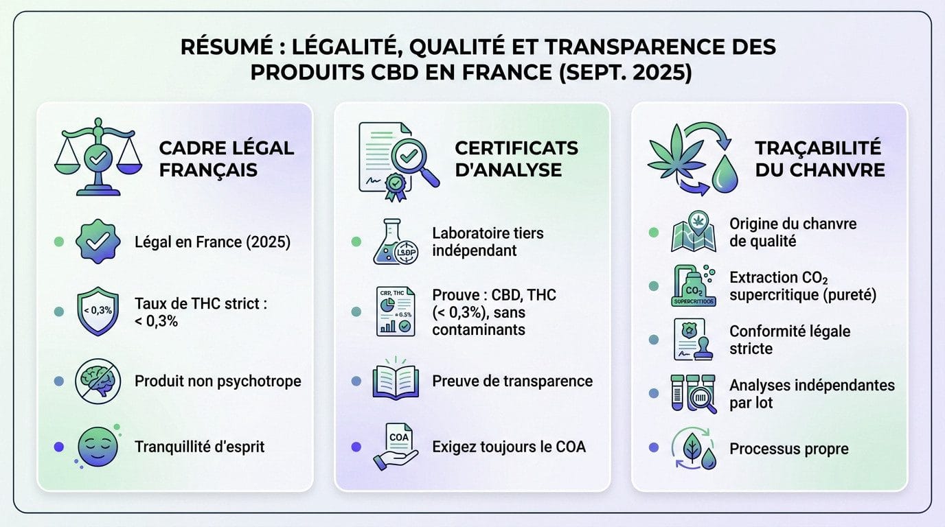 Graphique illustrant la conformité légale du CBD Hollyweed en France avec un taux de THC inférieur à 0,3%