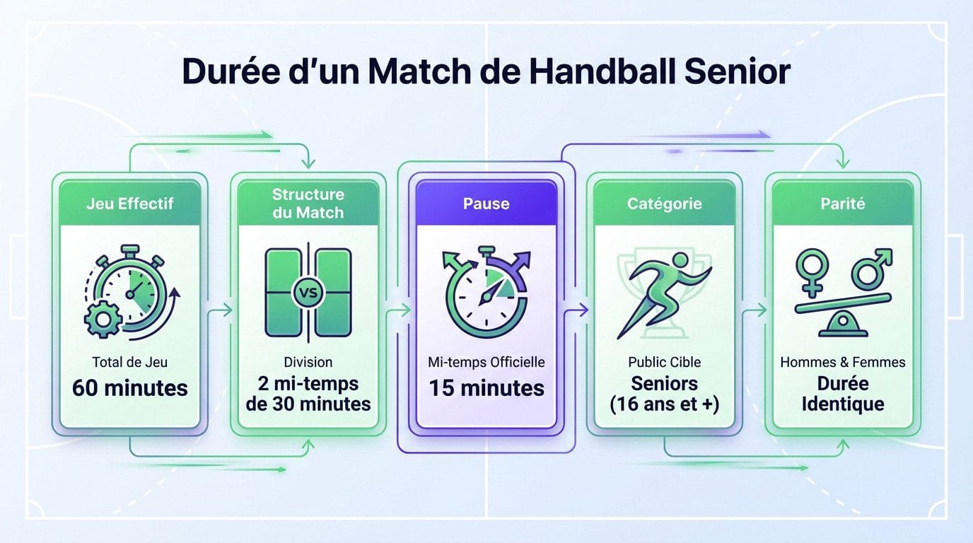 Schéma explicatif de la durée d'un match de handball senior avec les deux mi-temps et la pause