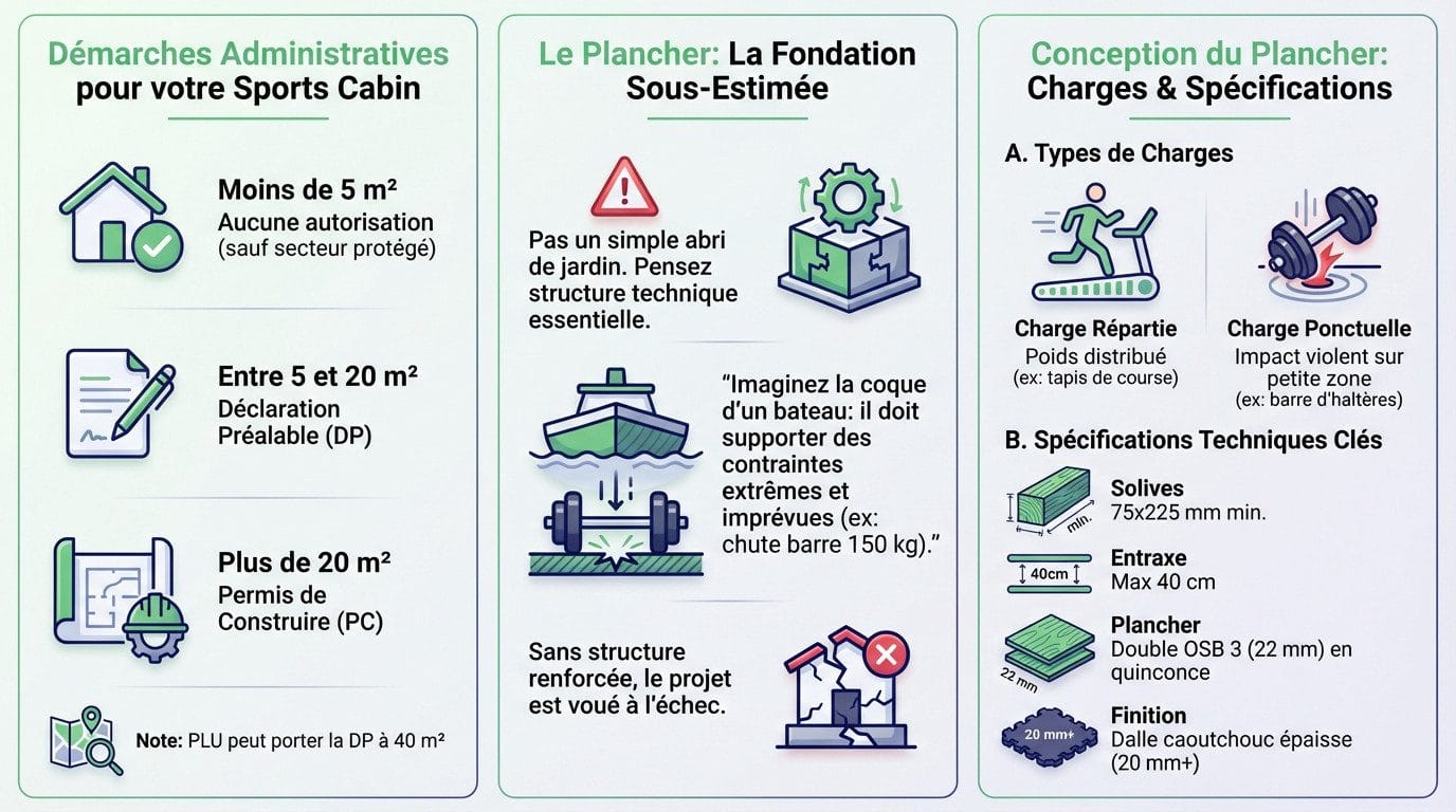Construction d'une sports cabin : structure de plancher renforcée et démarches administratives