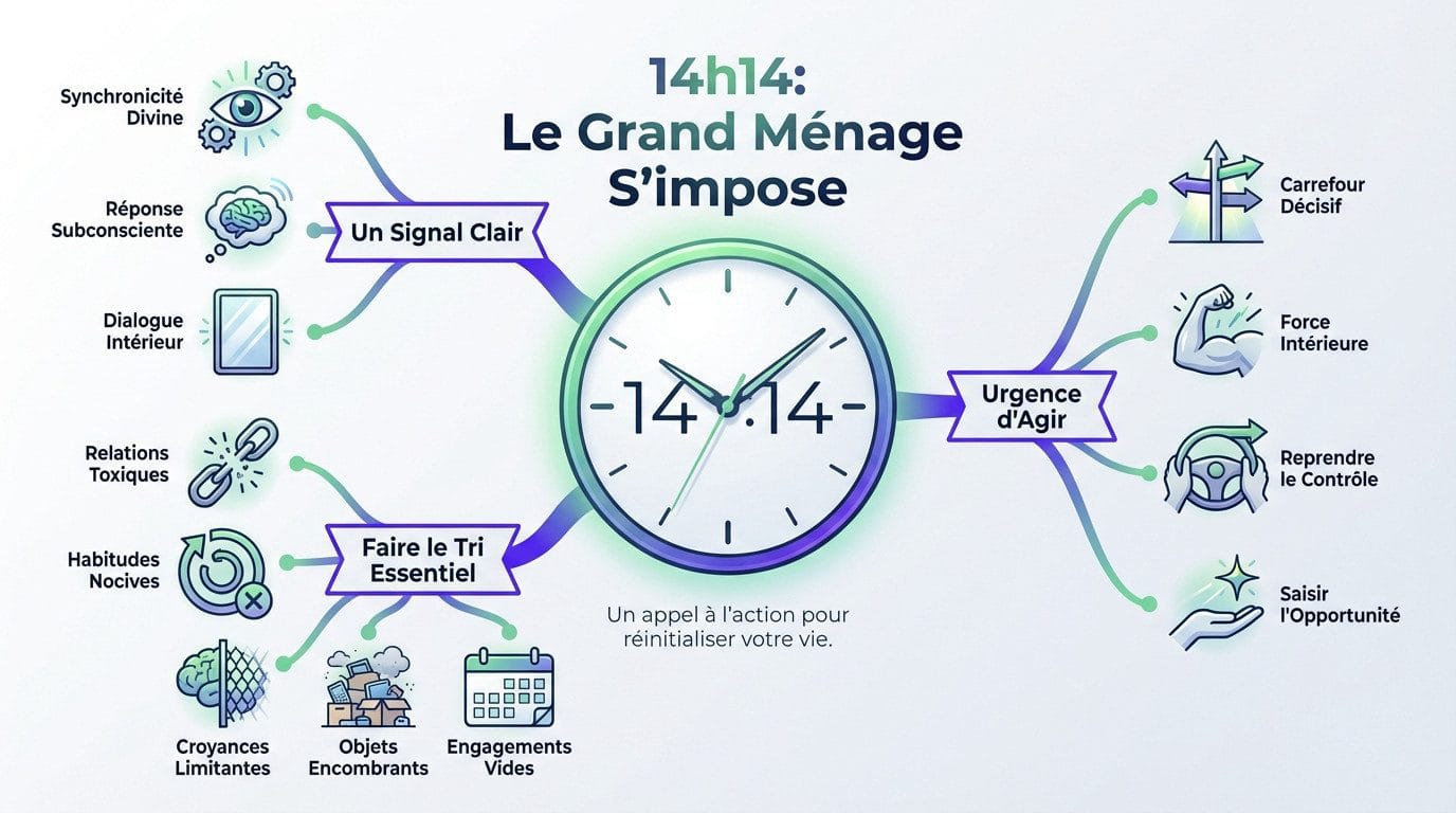 Infographie sur la signification de l'heure miroir 14h14 et l'appel au changement