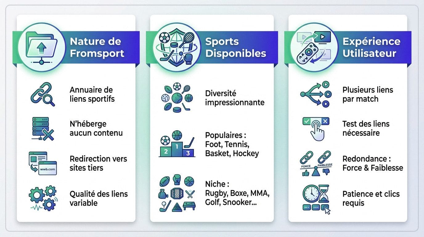 Infographie expliquant le fonctionnement de Fromsport comme agrégateur de liens sportifs et la diversité des disciplines proposées