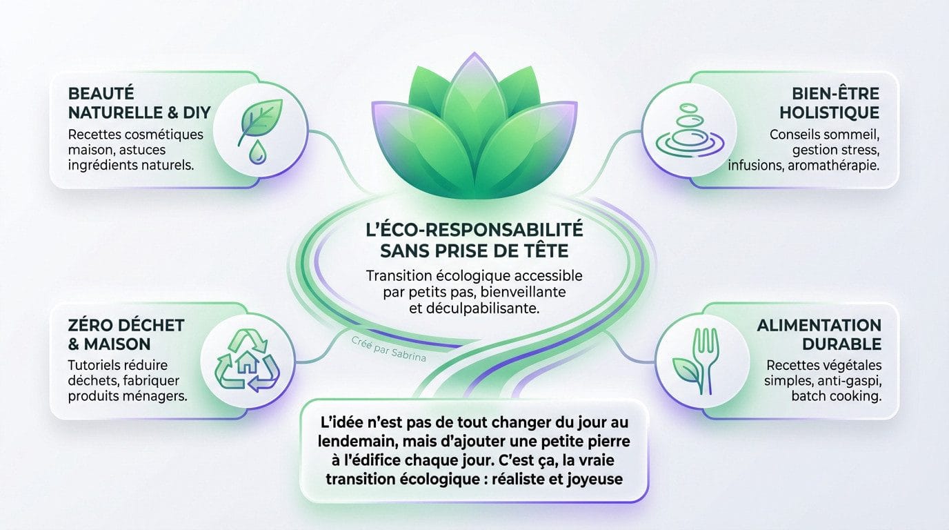 Infographie illustrant la philosophie bienveillante et les piliers de The Green Blossom