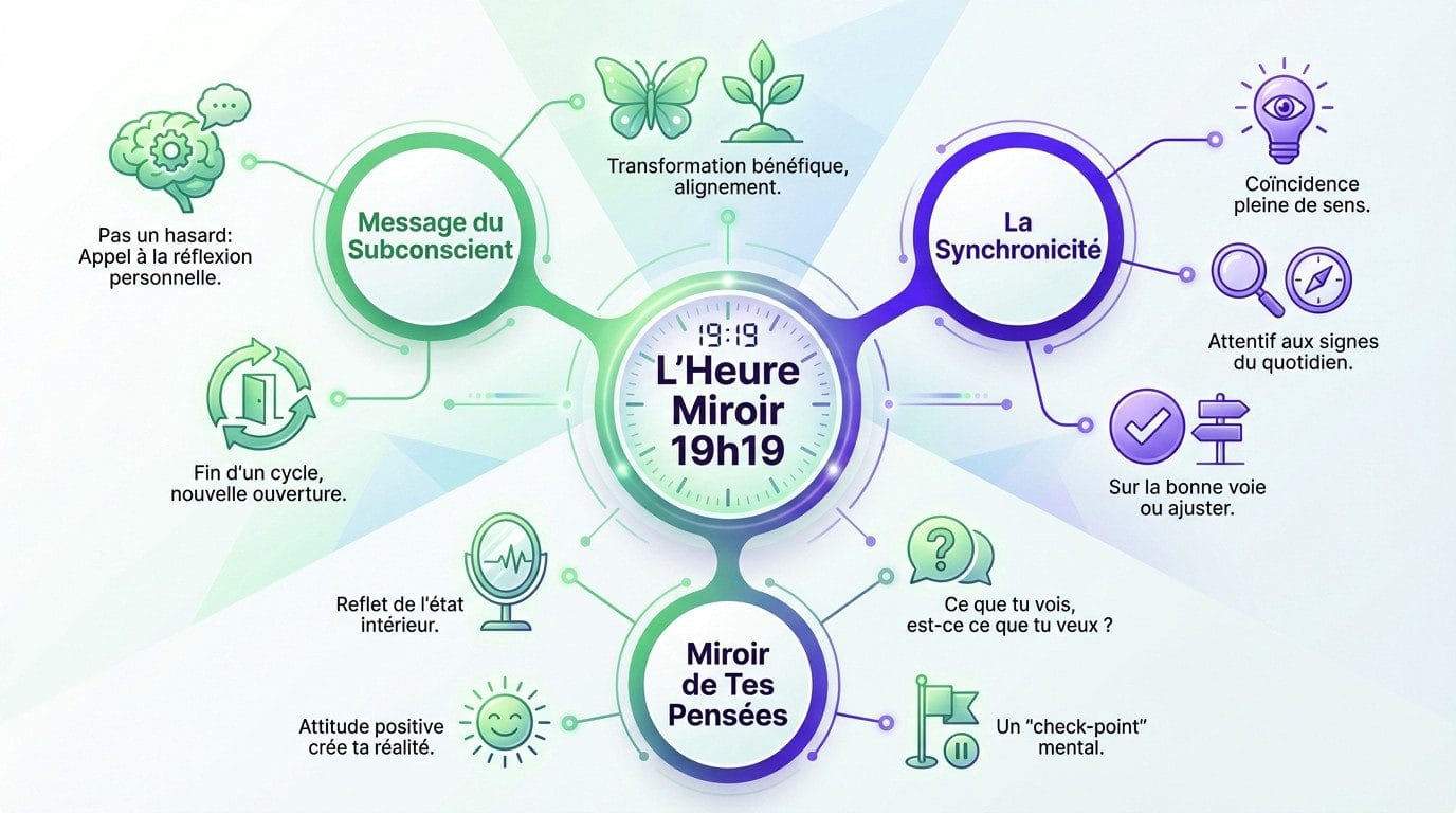 Infographie expliquant la symbolique spirituelle et la signification de l'heure miroir 19h19