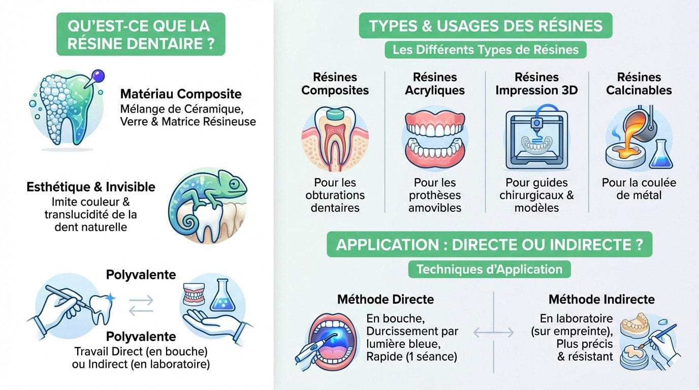 Infographie détaillée sur les propriétés, les différents types et les applications cliniques de la résine dentaire