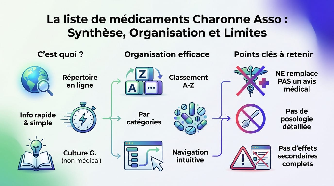 Illustration synthétique de la liste de médicaments Charonne Asso montrant le classement alphabétique et les limites d'usage