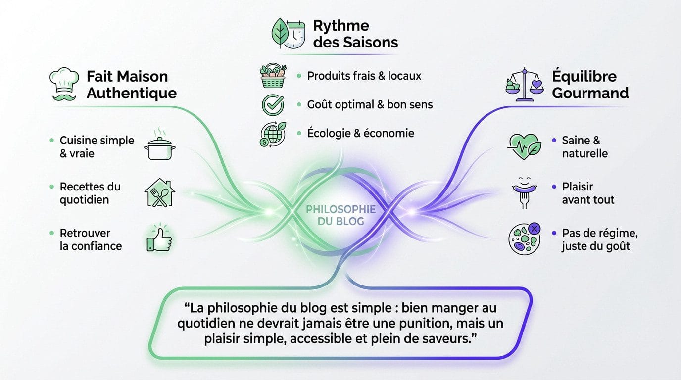 Illustration des trois piliers du blog Recettes de Maria : fait maison, saisonnalité et équilibre