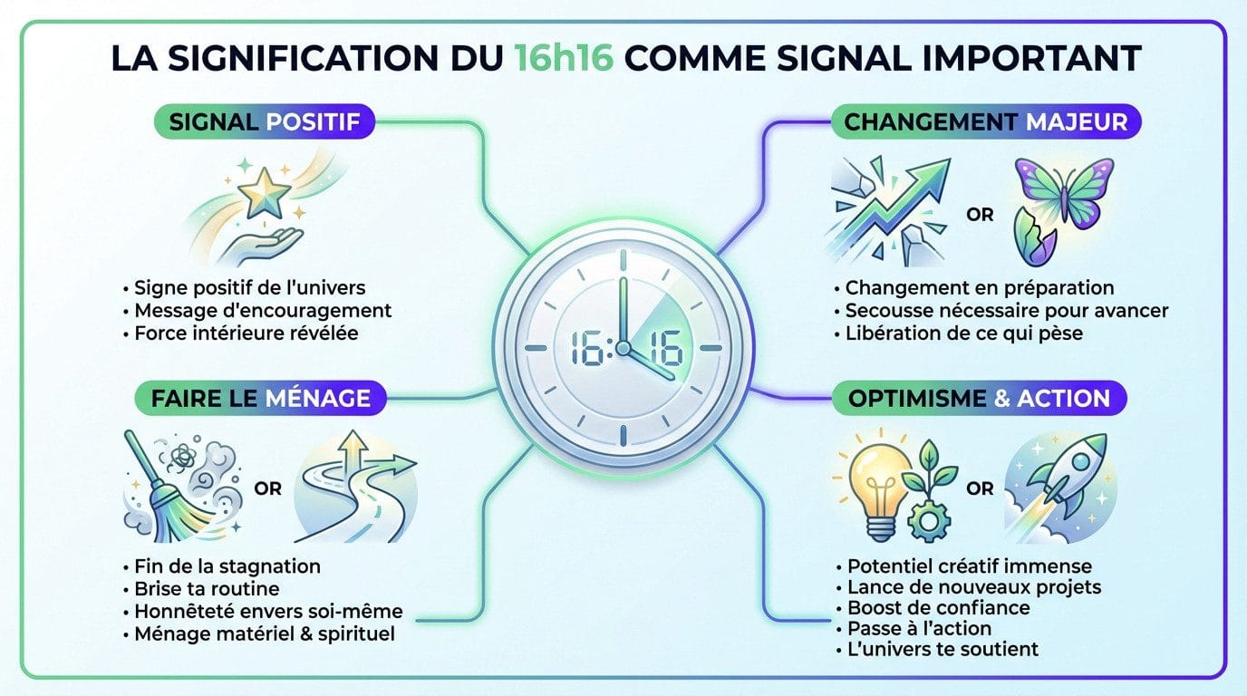 Heure miroir 16h16 : signification d'un changement majeur 1 Illustration de la signification de l'heure miroir 16h16 comme signal spirituel important