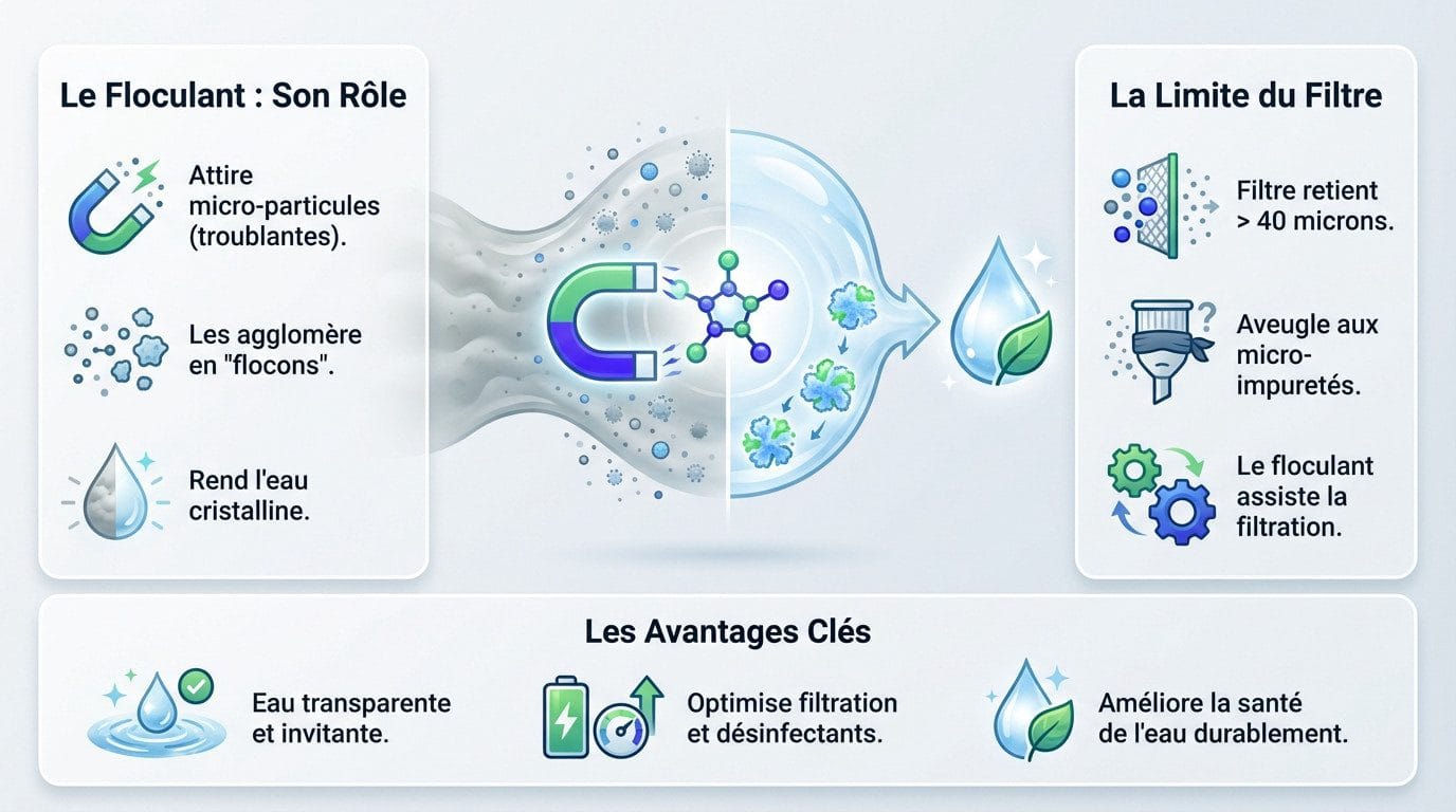 Comparaison avant après utilisation floculant piscine eau trouble devenue cristalline