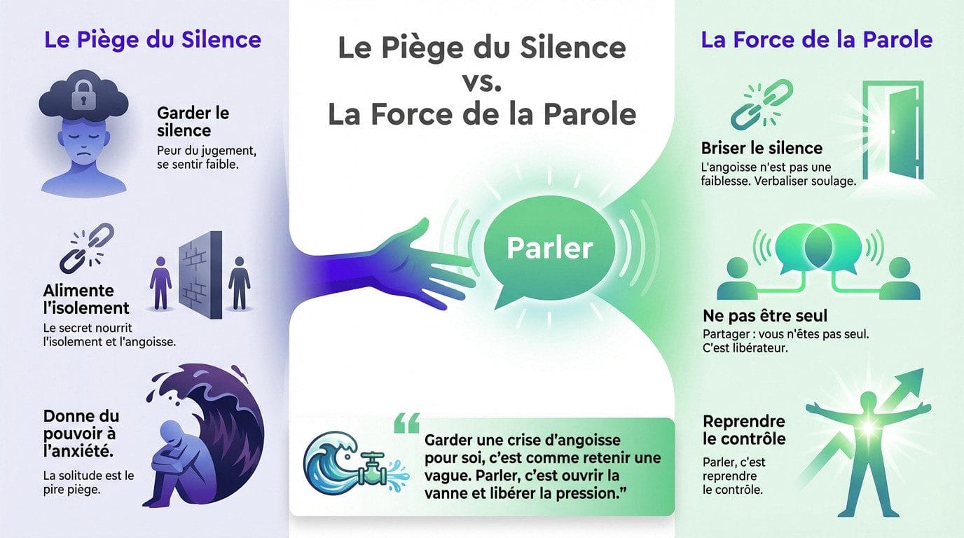Illustration montrant le contraste entre l'isolement silencieux et le soulagement de la parole lors d'une crise d'angoisse
