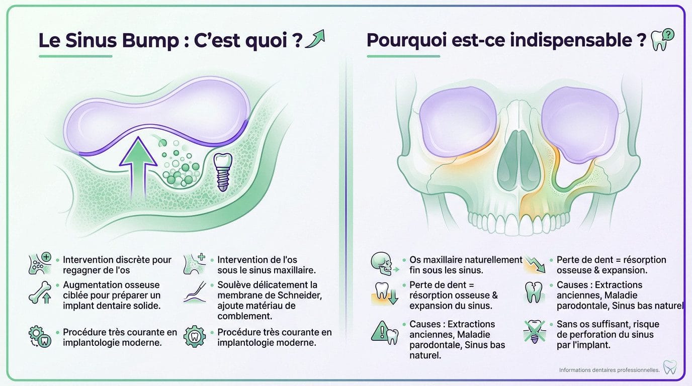 Schéma illustrant le principe du sinus bump pour préparer la pose d'un implant dentaire