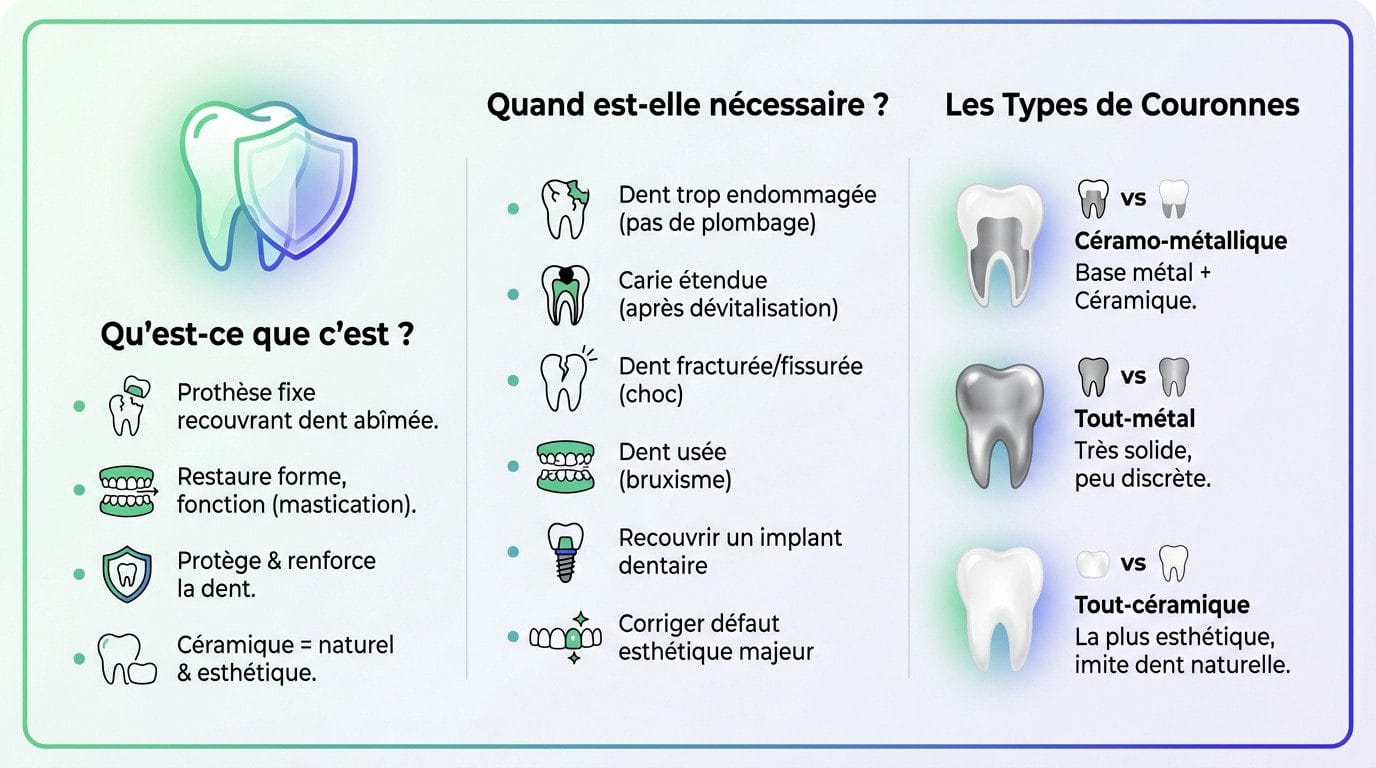 Illustration d'une couronne dentaire en céramique posée sur une dent préparée