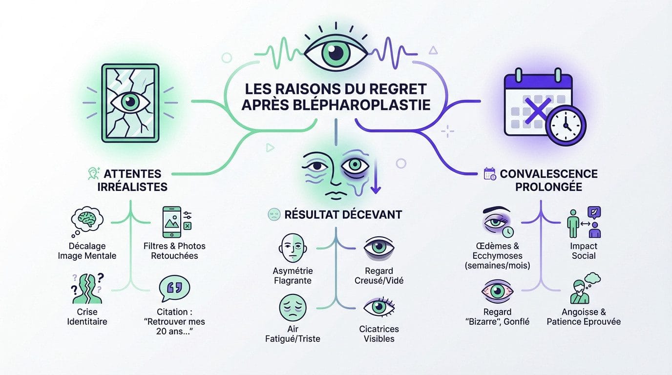 Femme observant son regard dans un miroir avec inquiétude après une chirurgie des paupières