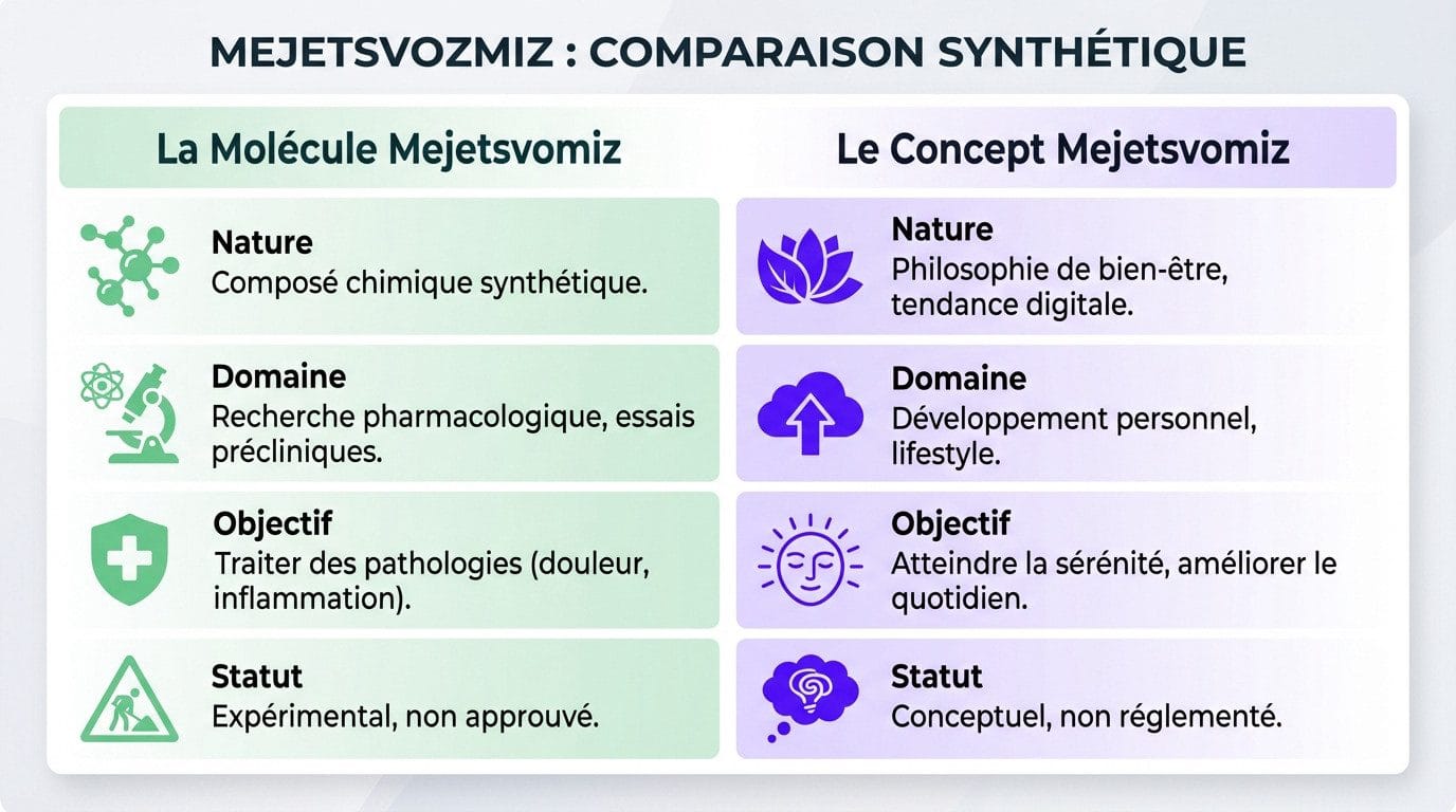 Comparaison visuelle entre la molécule thérapeutique Mejetsvomiz et le concept bien-être viral