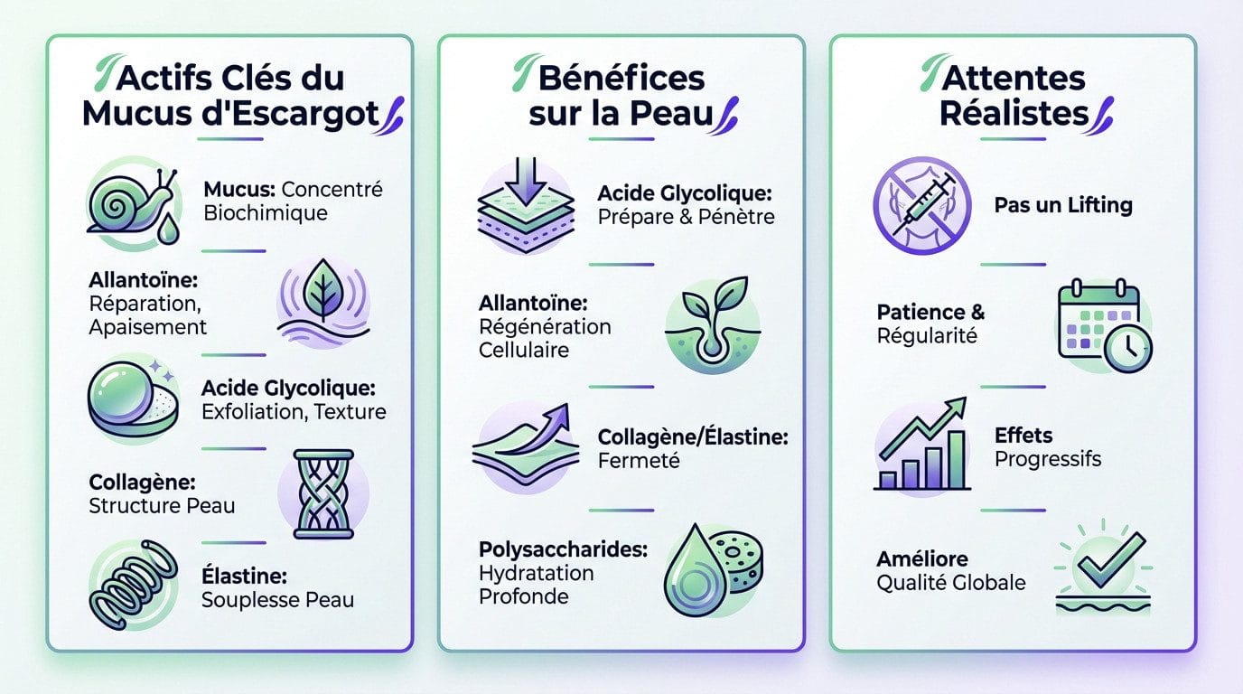Schéma explicatif des actifs du mucus d'escargot et leurs effets sur la peau