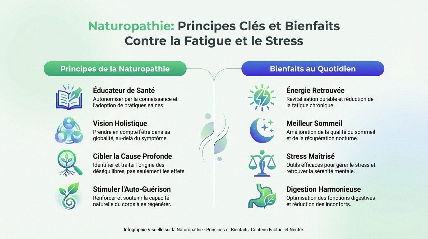 Illustration des principes clés de la naturopathie pour lutter contre la fatigue et le stress