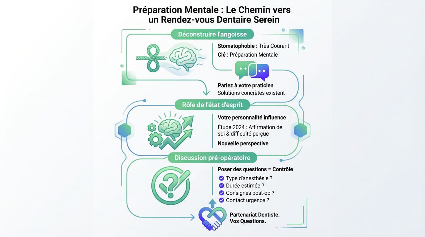 Patient serein en consultation dentaire discutant avec son praticien pour préparer son extraction