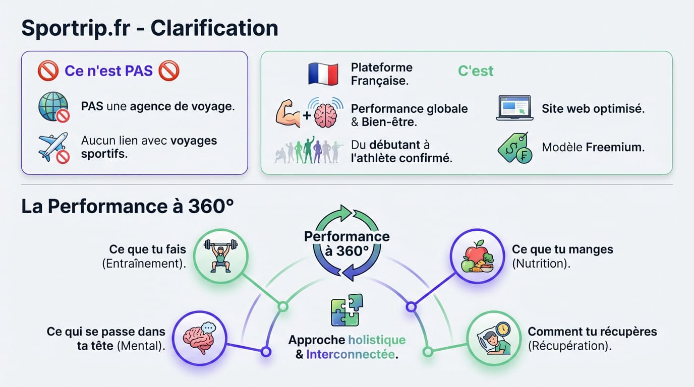 Illustration de la philosophie holistique de Sportrip.fr incluant sport, nutrition, santé et mental