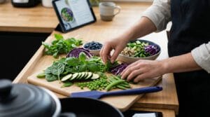 vibrant kitchen prep green and purple harmony 8