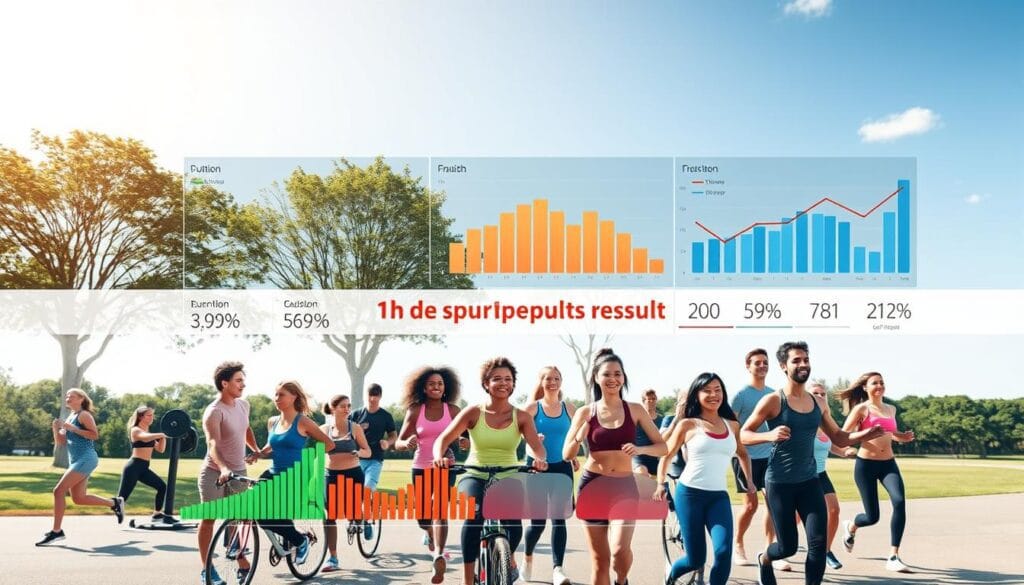 A dynamic scene of daily sports results, captured with a wide-angle lens in natural daylight. In the foreground, a vibrant infographic displays performance metrics and progress charts, inviting the viewer to explore the tangible outcomes of a consistent one-hour daily workout routine. The middle ground features a diverse cast of active individuals, each engaged in a variety of fitness activities - running, cycling, weightlifting, yoga - their faces and bodies radiating a sense of accomplishment and well-being. The background depicts a serene, park-like setting, with lush greenery and a clear sky, conveying a tranquil, restorative atmosphere that complements the energetic focus of the central elements. The overall composition strikes a balance between data-driven insights and the human experience of physical transformation, presenting a compelling visualization of the "1h de sport par jour résultat" concept.