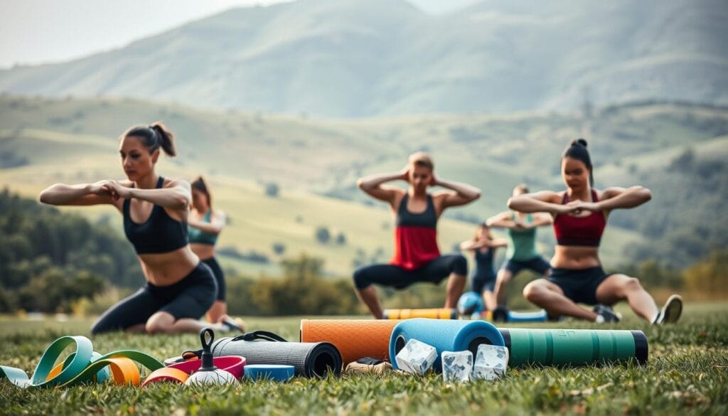 A serene outdoor scene depicting a sports injury prevention and recovery concept. In the foreground, a group of athletes engage in stretching and mobility exercises, their expressions focused and determined. The middle ground showcases a mix of sports equipment like resistance bands, foam rollers, and ice packs, symbolizing the tools used to prevent and treat overtraining and injuries. The background features a lush, verdant landscape with rolling hills, creating a calming, natural atmosphere. The lighting is soft and diffused, evoking a sense of tranquility. The overall composition emphasizes the importance of balance, self-care, and proactive measures to maintain optimal athletic performance and well-being.