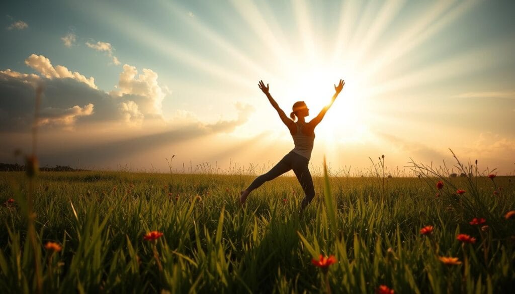 A sunlit meadow, lush with verdant grasses and vibrant wildflowers, serves as the idyllic backdrop for a figure engaged in a series of dynamic yoga poses. Beams of golden light filter through wispy clouds, casting a warm, tranquil glow upon the scene. In the foreground, the figure's lithe silhouette is captured mid-movement, their limbs gracefully extended as they find balance and inner peace through their daily physical practice. The composition conveys a sense of harmony, wellness, and the profound benefits of consistent, mindful exercise. Subtle details, such as the gentle breeze rustling the foliage, further enhance the serene, rejuvenating atmosphere.