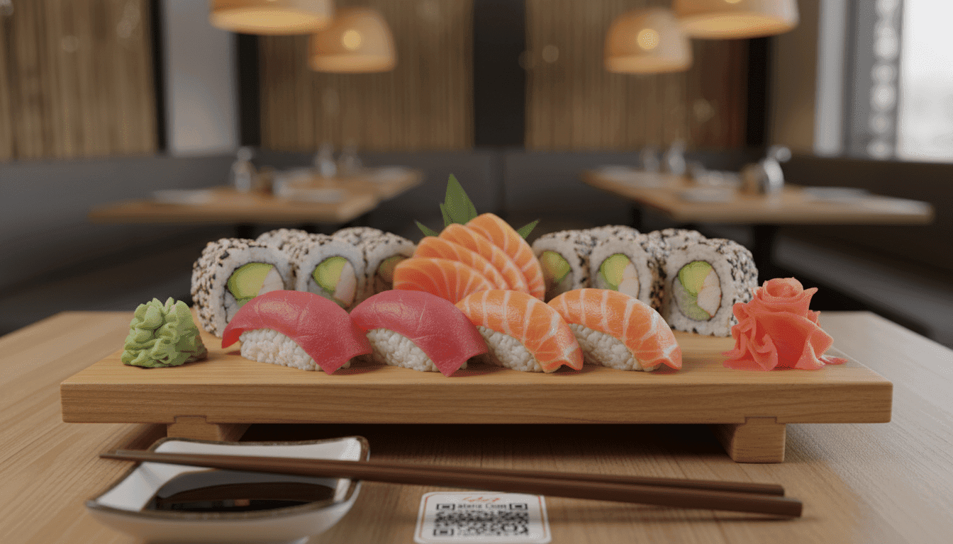 A beautifully arranged platter of various sushi types, featuring nigiri, sashimi, and maki rolls, artistically displayed on a traditional wooden sushi board. The sushi showcases vibrant colors: deep reds of fresh tuna, bright orange salmon, and vivid green avocado, all garnished with delicate wasabi and pickled ginger. In the foreground, a pair of elegant chopsticks rests beside a small dish of soy sauce. The background subtly arranges elements of a modern sushi restaurant, with soft warm lighting that creates an inviting atmosphere. The image is taken from a slightly elevated angle, giving depth and perspective to the platter while keeping the focus on the sushi. The mood is enticing and appetizing, inviting the viewer to explore the calorie content of these delightful sushi creations.