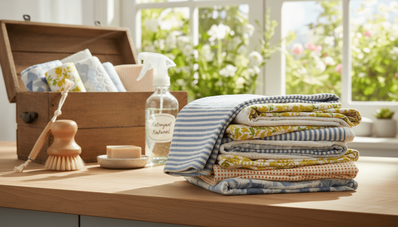 A beautifully arranged scene showcasing reusable paper towels (essuie-tout lavable) in a modern kitchen setting. In the foreground, focus on a stack of vibrant, eco-friendly cloth towels in various patterns, highlighting their softness and absorbency. In the middle ground, a wooden countertop with a small, open container holding the towels, surrounded by natural cleaning supplies like a glass spray bottle filled with homemade cleaner and a bamboo scrub brush. The background features a sunlit window with greenery outside, enhancing the fresh, sustainable ambiance. Soft, natural lighting creates a warm atmosphere, evoking a sense of cleanliness and eco-conscious living. Capture this scene from a slightly elevated angle to emphasize the textures and colors.