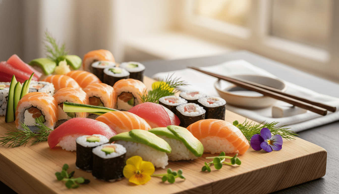 A beautifully arranged sushi platter showcasing an assortment of colorful sushi types, like nigiri, maki, and sashimi, placed elegantly on a minimalist wooden serving board. The foreground highlights the intricate details of the sushi: vibrant avocado, fresh fish, and delicate cucumber slices. Surrounding the platter, fresh herbs and edible flowers enhance the presentation, emphasizing the health aspects of sushi. In the middle ground, a stylish table setting includes chopsticks and a small dish of soy sauce, creating a welcoming atmosphere. The background features soft, diffused lighting that bathes the scene in a warm, inviting glow, evoking a sense of indulgence and wellness. The image captures the essence of sushi as a healthy culinary choice, perfect for an article on its benefits in France.