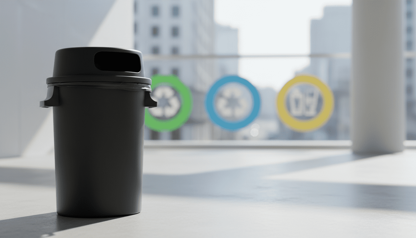 Poubelle noire : tri, usage et réglementation 1 A black 80-liter garbage bin is prominently featured in the foreground, showcasing its sleek, modern design with a smooth, matte finish. The bin's lid is closed, and it stands on a clean, polished surface, highlighting its utility and functionality. In the middle ground, a subtle arrangement of recycling icons and waste separation symbols is softly blurred to give context without overpowering the bin. The background is a well-lit, neutral space that suggests a city environment, with soft focus on urban buildings to imply use in a public area. The lighting is bright and natural, casting gentle shadows and enhancing the bin's features, creating a clean and professional atmosphere. The overall mood conveys a sense of orderliness and responsibility towards waste management.