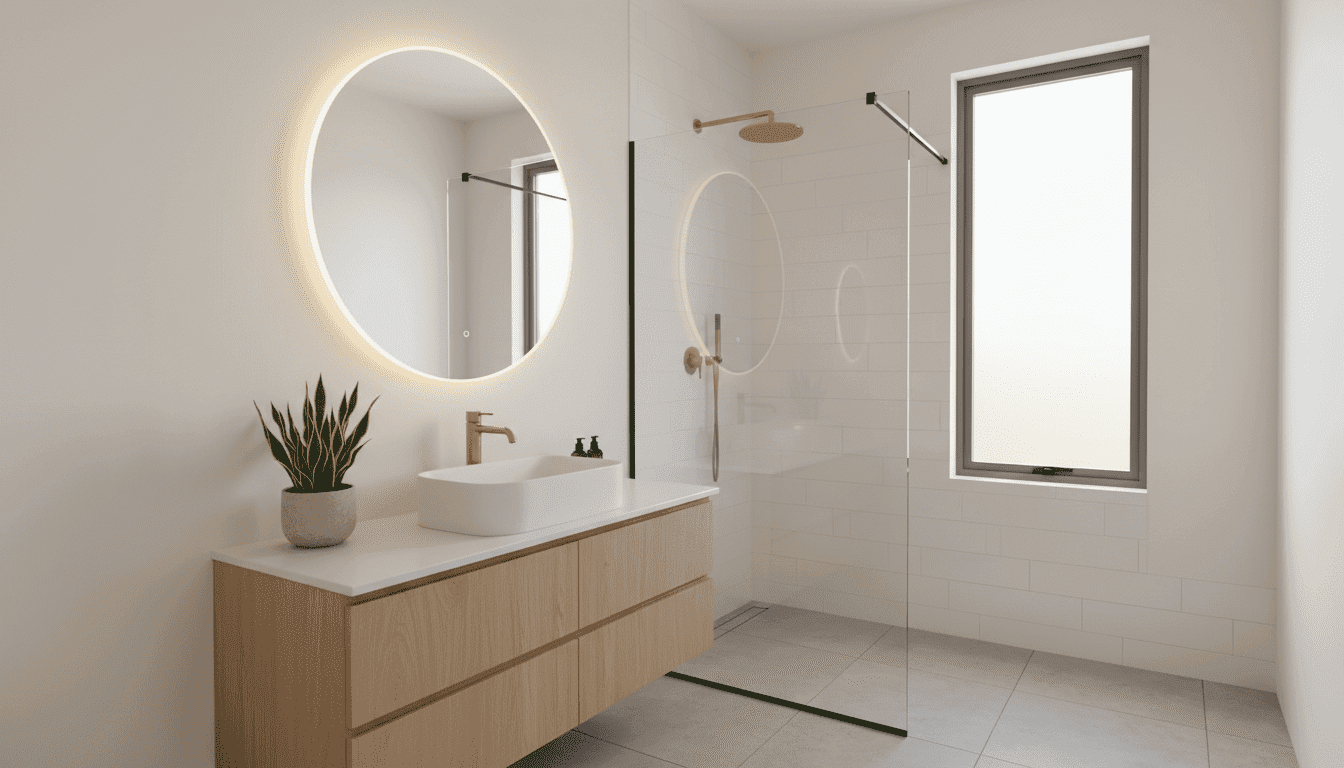 A bright, modern bathroom designed in a contemporary style, featuring elegant fixtures and sleek lines. In the foreground, a stylish sink with a minimalist design sits atop a wooden cabinet, adorned with a small potted plant for a touch of nature. The middle ground showcases a chic mirror reflecting soft, ambient lighting that creates a warm atmosphere. In the background, a walk-in shower with glass doors reveals clean white tiles and luxurious rainfall showerhead, all bathed in natural light coming from a frosted window. The color palette consists of calming shades of white, light gray, and earthy tones, evoking a sense of tranquility and sophistication. The angle captures the entire space, emphasizing its spaciousness and inviting ambiance, perfect for illustrating a serene bathroom experience.