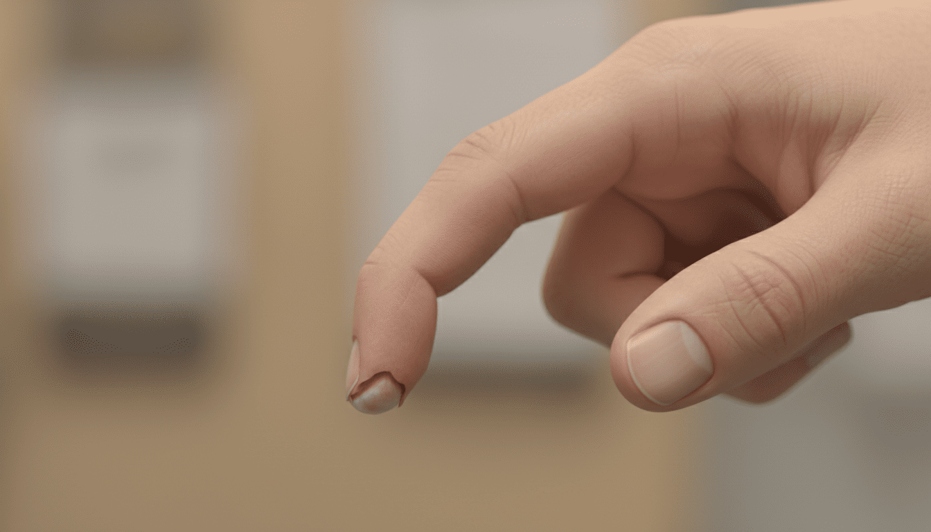 A close-up illustration of a finger resembling a mallet, showcasing the characteristic drooping tip associated with mallet finger injury. The foreground features the finger prominently, with detailed textures highlighting skin tone and joint structure, while the droop is accentuated to illustrate the condition. In the middle ground, a blurred hand can be seen, demonstrating the finger's position in a relaxed state. The background is softly focused to give a clinical feel, reminiscent of a medical consultation setting with neutral colors. Soft, natural lighting enhances the clarity of details, providing a realistic and informative atmosphere. The overall mood is educational and professional, aimed at conveying the seriousness of the condition without any text or distractions.