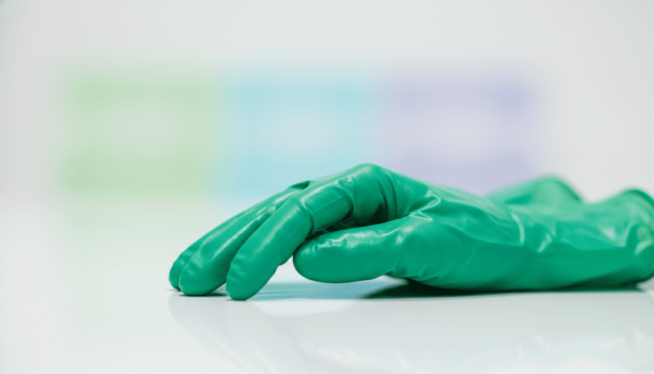 A close-up image of bright green latex gloves displayed prominently in the foreground, showcasing their glossy texture and unique color. The gloves are elegantly arranged on a clean white surface, highlighting their smooth surface and flexibility. In the middle ground, a subtle gradient of soft pastel colors blurs into the background, providing a gentle contrast that enhances the vividness of the green gloves. The lighting is soft and diffused, creating a professional atmosphere that conveys cleanliness and hygiene. The image should have a shallow depth of field, gently blurring the background to keep the focus on the gloves. A sense of modernity and practicality is evoked, suitable for a professional audience discussing the advantages and uses of green latex gloves.