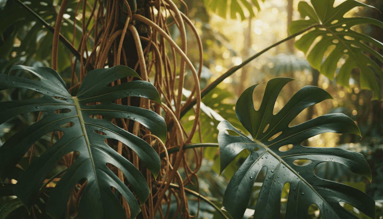 Plante Ceriman : entretien et conseils 1 A close-up of Monstera deliciosa leaves and aerial roots, showcasing their distinctive fenestrations and rich green colors. The foreground features large, glossy leaves with intricate cuts and textures, while a tangle of elegant aerial roots curls gracefully around them. In the middle ground, a soft-focus background includes hints of natural sunlight filtering through, creating a warm and inviting atmosphere. The lighting is bright yet gentle, enhancing the vibrant shades of green and the contrasting earthy tones of the roots. The overall mood should feel lush and tropical, evoking the plant's native habitat. The shot should be taken from a slightly elevated angle to capture the full beauty and detail of the plant's characteristics.