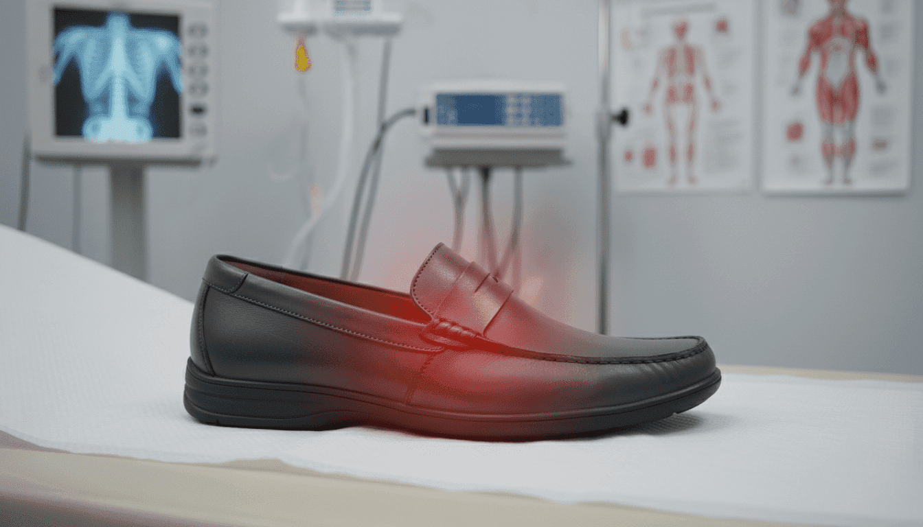 A close-up of a human foot, focusing on the side area where pain is typically felt, with a subtle red glow indicating discomfort. The foot is depicted wearing a comfortable, professional shoe, resting on a medical examination table. In the background, blurred medical equipment and charts convey a clinical environment, enhancing the idea of healthcare. Soft, diffused lighting creates a calm and informative atmosphere, emphasizing the theme of health and wellness. The angle is slightly elevated, providing a clear view of the foot while maintaining a focus on the surrounding context. The overall mood is serious yet professional, suitable for an article on possible causes of foot pain.