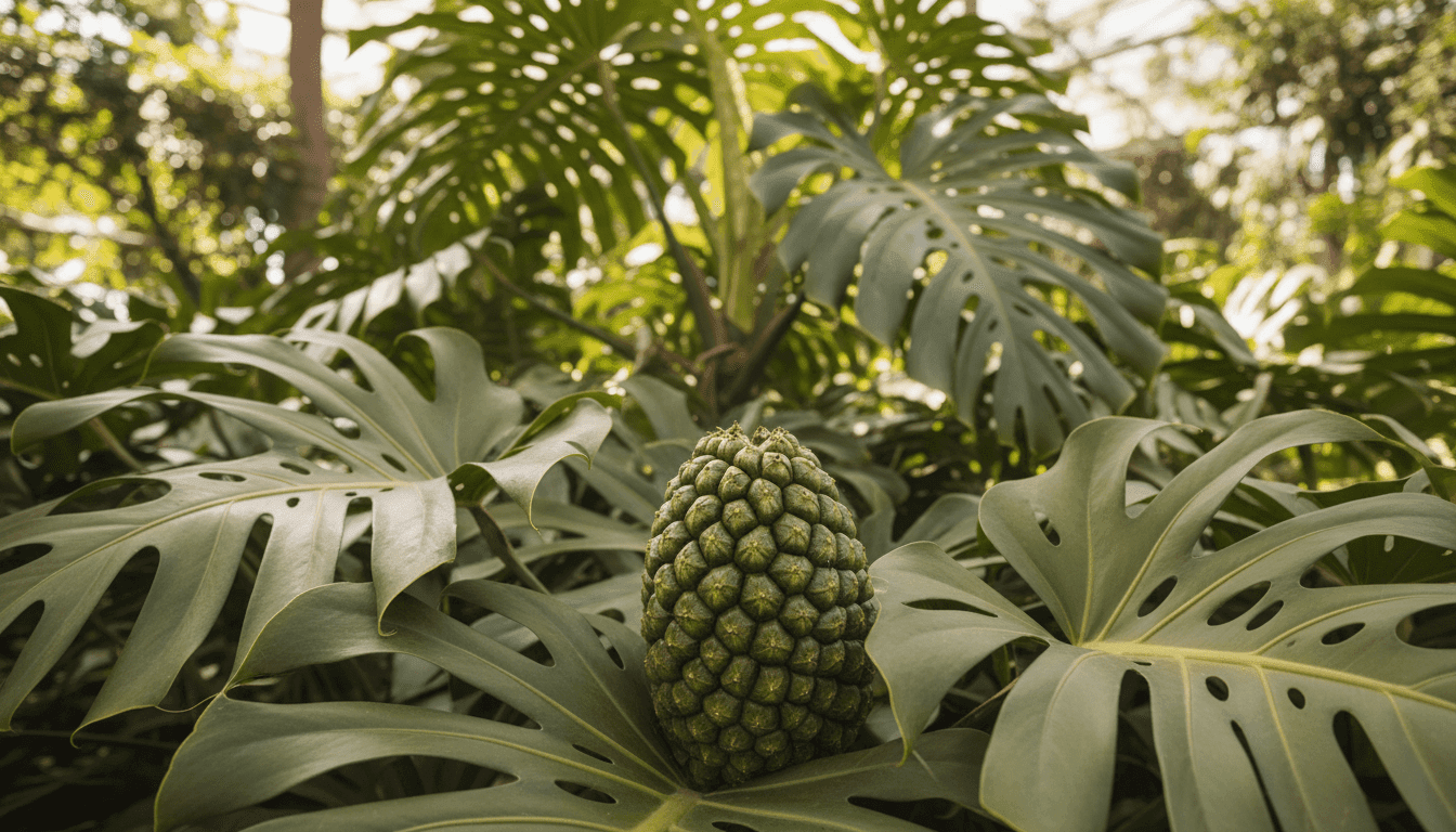 A close-up of a ripe Ceriman fruit, showcasing its unique, spiky exterior with deep green tones and hints of yellow, positioned prominently in the foreground. The fruit should be nestled among lush green leaves, capturing the essence of a tropical setting. In the background, a blurred depiction of a well-maintained Ceriman plant, revealing its large, glossy leaves that tower over the fruit, adding depth to the composition. Soft, natural lighting filters through the foliage, creating gentle highlights and shadows that emphasize the textures of the fruit and leaves. The atmosphere is vibrant and inviting, suggesting a thriving garden environment that celebrates the beauty and intrigue of the Ceriman plant.