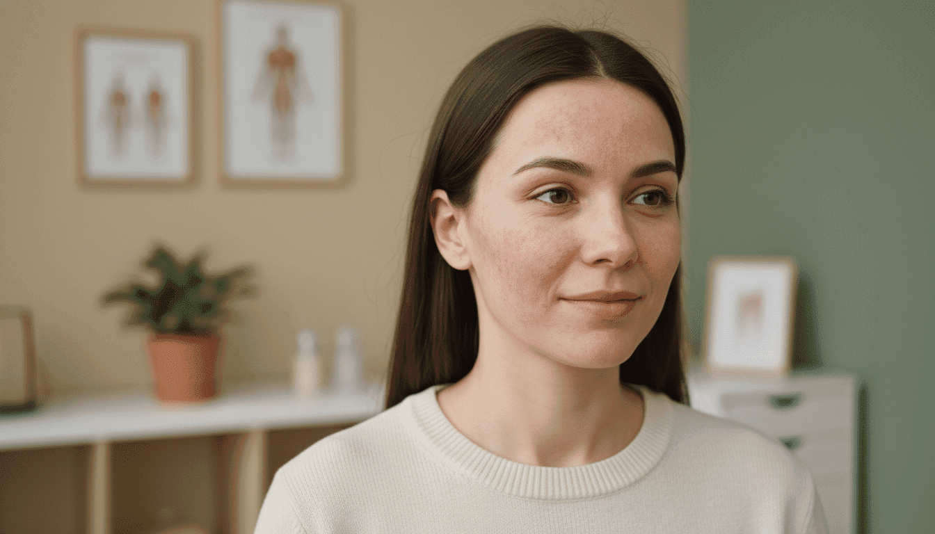 A close-up of a serene, professional-looking person with mild facial eczema, showcasing areas of redness and irritation on their cheeks and forehead. The subject is facing slightly to the right, with gentle, diffused natural light highlighting their features and skin texture. In the background, a soft-focus setting of a medical office or a consultation room, featuring warm tones and minimalistic decor, creates a calming atmosphere. The composition should convey an informative and empathetic mood, emphasizing understanding and care. The camera angle is at eye level, capturing the subject's expression of calm resilience while maintaining a professional appearance in modest casual clothing. The image is clean without any text or overlays.