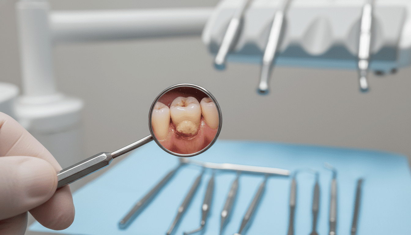 A close-up photograph depicting a dental abscess for visual diagnostic purposes. The foreground features a detailed view of a lower molar with a visible abscess, showcasing inflammation and redness around the gum line. The middle ground should show a hand holding a dental mirror to reflect the tooth, emphasizing its clinical examination context. In the background, a softly blurred dental operatory setting with sterile instruments, ensuring a professional atmosphere. The lighting is bright and clinical, highlighting the details of the abscess while maintaining a sterile environment. The image conveys a serious and informative mood, reflecting the importance of visual diagnosis in dental health. No people are present in the image.