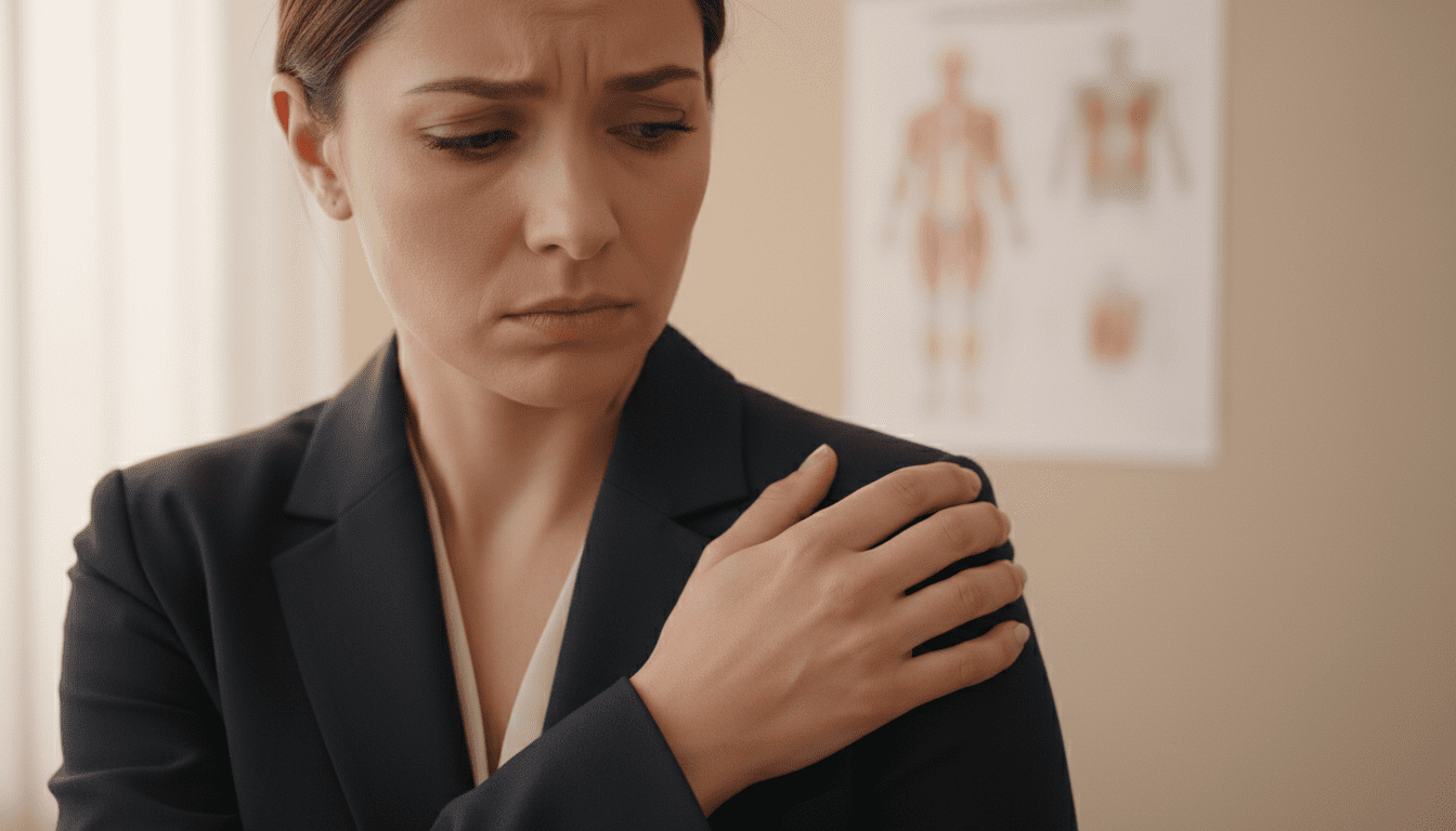 A close-up view of a concerned individual, dressed in professional business attire, gently holding their left shoulder with a furrowed brow, indicating discomfort. The setting is a softly lit doctor's office, with neutral-toned walls and a medical poster on the background illustrating shoulder anatomy. The lighting is warm and inviting, creating a sense of empathy and care. The focus is sharp on the individual's expression and body language, while the background is slightly blurred to emphasize the subject's pain and worry about their left shoulder. The atmosphere conveys a serious yet hopeful mood, highlighting the importance of seeking medical advice for concerns related to scapular pain.