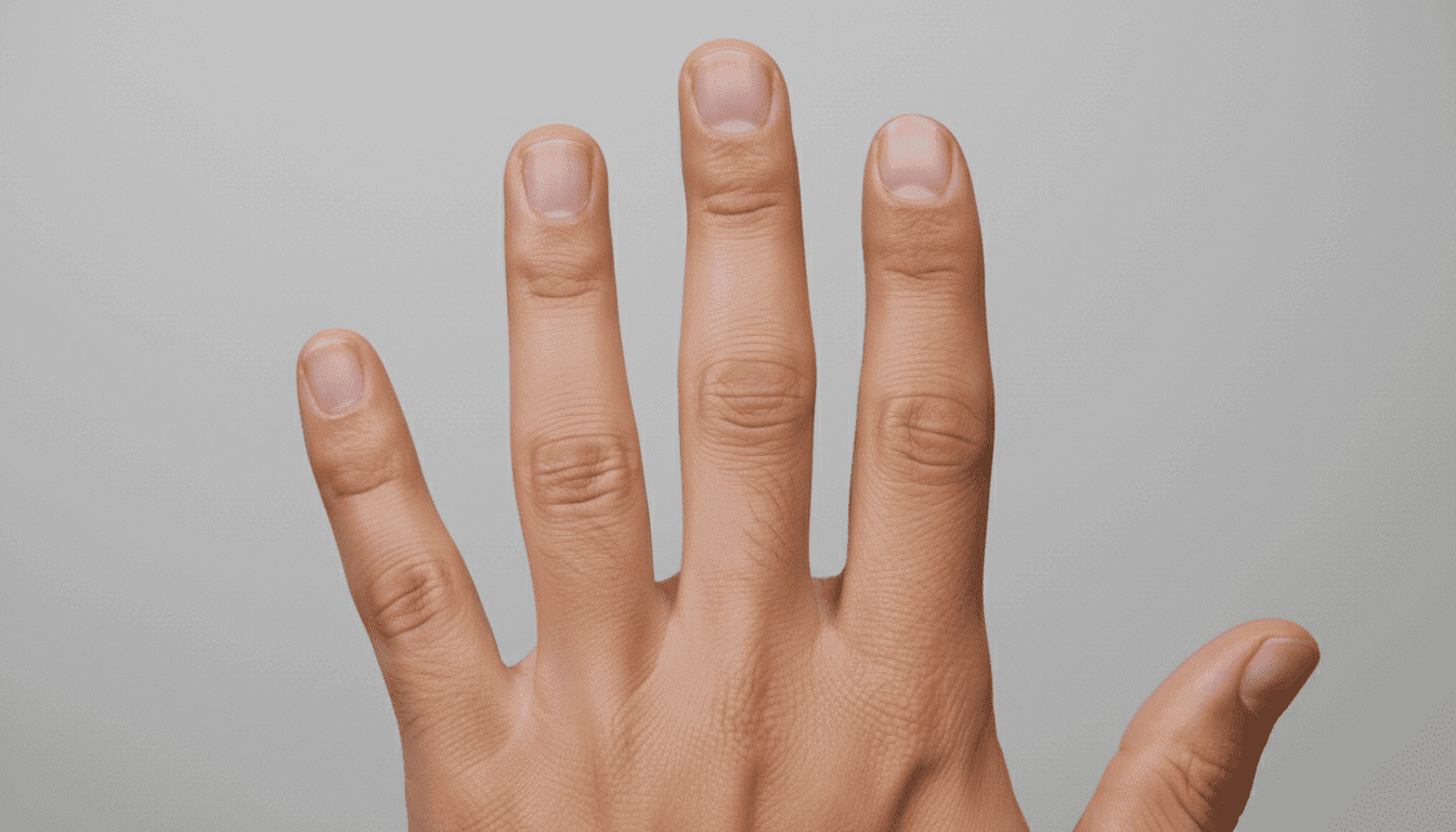 A close-up view of a human hand displaying diagnostic mallet finger on the ring finger. The finger is prominently shown in a slight flexion position, emphasizing the bent joint. The surrounding fingers are straight and well-groomed, showcasing contrast. The skin tone is natural and realistic, with visible details such as fine hair and slight imperfections to enhance authenticity. The image is set on a neutral light gray background that helps to emphasize the hand. Soft, diffused lighting casts gentle shadows, creating a clinical yet approachable atmosphere. The focus is sharp at the finger, blurring the background slightly to draw attention to the condition. The overall mood is informative and educational, suitable for medical discussions.