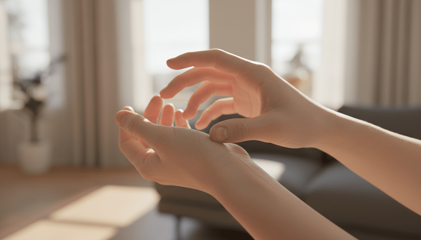 A close-up view of a human right hand, elegantly positioned as if it is scratching the skin on the wrist, illustrating a sensation of itchiness. The skin should appear slightly irritated, with subtle red patches to reflect the feeling of discomfort. The background should be softly blurred, featuring a calming home environment with natural light filtering in through a window, creating a warm atmosphere. The focus is on the hand, capturing the intricate details of the skin texture and fingernails, while the depth of field enhances the foreground. The image should evoke a sense of curiosity and connection to the phenomenon of itching, inviting viewers to ponder its significance. Use a soft, diffused lighting effect to emphasize warmth and depth.