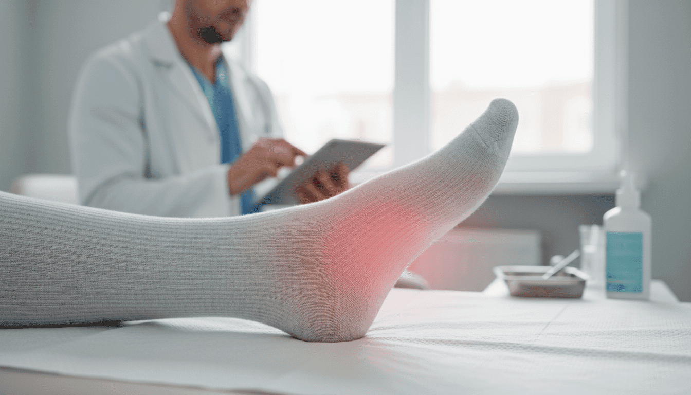 Douleur sur le côté du pied : causes possibles 1 A close-up view of a patient's foot resting on an examination table in a medical setting, highlighting the side of the foot where pain might occur. The foot is wearing a simple, light-colored sock to keep the focus on its anatomical details. In the background, a medical professional in a white lab coat examines a chart, with soft, diffused lighting that adds a calm and clinical atmosphere. The composition should emphasize the foot's position, showcasing potential areas of discomfort while maintaining a clean and organized environment. The angle should suggest a focused perspective, capturing the seriousness of a medical examination without any distractions or clutter.