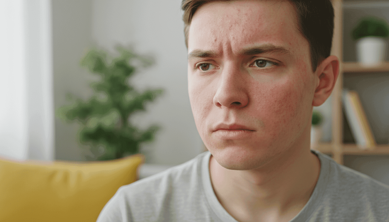 A close-up view of a person's face showcasing visible symptoms of facial eczema. The skin shows dry, flaky patches, redness, and slight swelling around the cheeks and forehead areas. The subject, a young adult of non-specific ethnicity, is wearing modest casual attire, with a neutral expression that conveys concern. Soft, natural lighting illuminates the face, highlighting the texture of the affected areas. In the background, a blurred, peaceful home environment can be seen, with subtle green plants and warm hues that create a soothing atmosphere, emphasizing the emotional impact of skin conditions. The image should evoke empathy and awareness about the condition without any captions or text overlays.