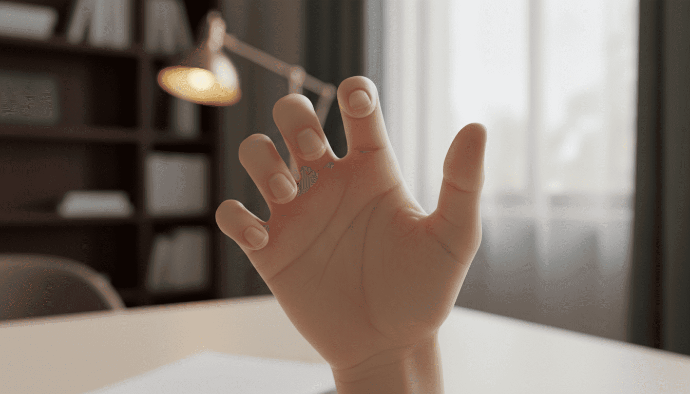 A close-up view of a right hand gently scratching the palm with delicate fingers, conveying a sense of curiosity and thoughtfulness. The hand is centered in the foreground, illuminated by soft, natural light that highlights the skin's texture and creates subtle shadows. In the middle ground, a blurred, neutral-toned surface suggests a calm environment, inviting contemplation. In the background, faded elements of a cozy office space, such as a bookshelf and warm lighting, create an intimate atmosphere. The mood is reflective and serene, emphasizing the act of scratching as a metaphor for introspection. The image should be professional, with the hand depicted in a human-like way while maintaining an air of sophistication.