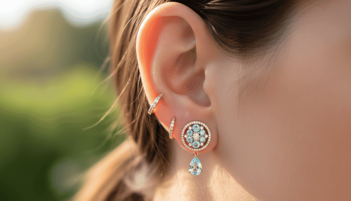 A close-up view of a woman's ear showcasing a beautifully detailed conch piercing, emphasizing the jewelry's intricate design. The foreground features the ear with the piercing prominently displayed, adorned with a sparkling gemstone stud. In the middle ground, a soft glimmer of light highlights the contours of the ear and the piercing, showcasing its elegance. The background is softly blurred, creating a serene atmosphere with a hint of natural ambiance, such as blurred green leaves, suggesting freshness and vitality. Use soft natural lighting to create a warm, inviting mood, shot from a slight angle to enhance the depth and focus on the jewelry. The image should convey a sense of beauty, care, and attention to personal expression through body art.