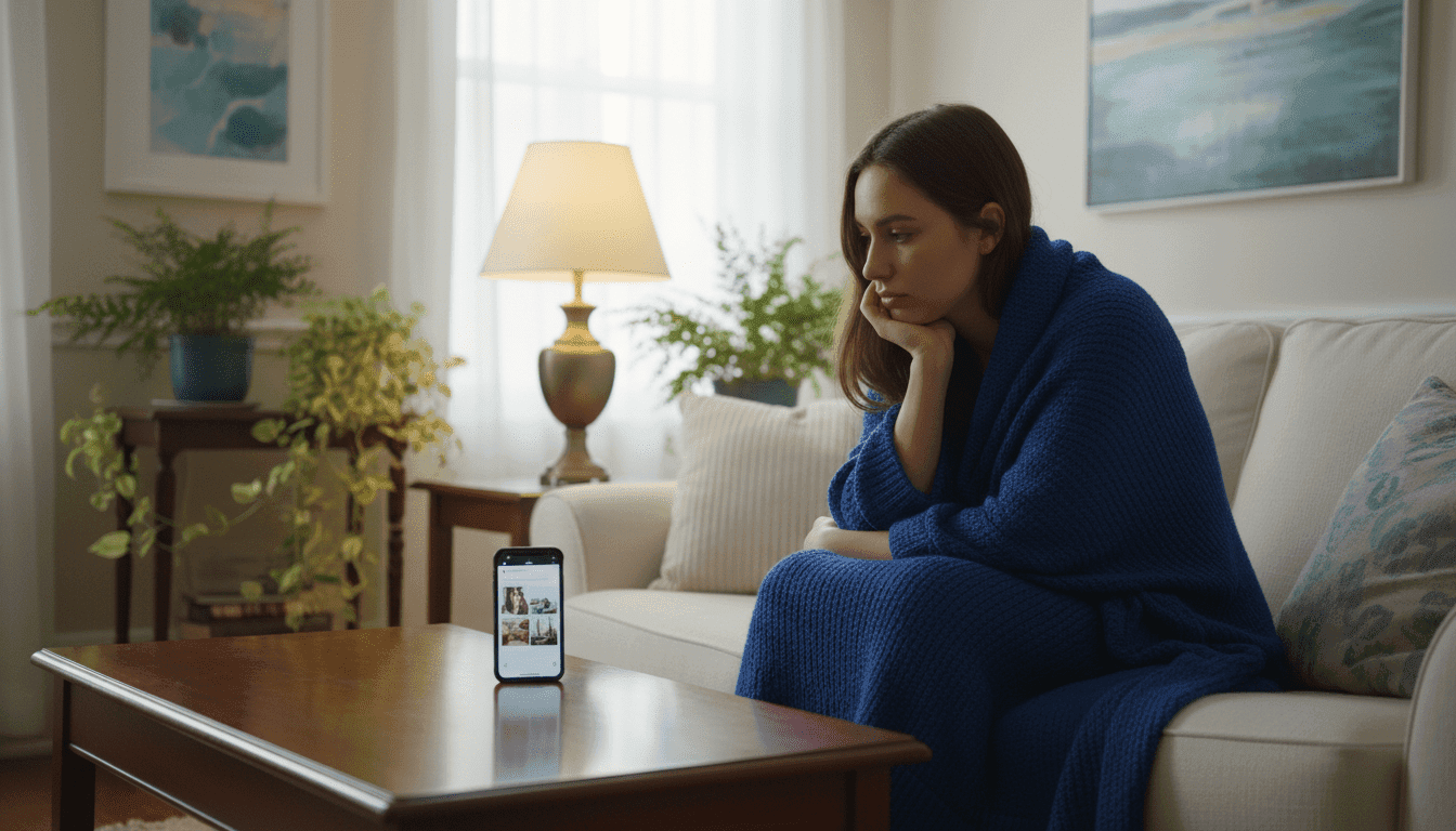A contemplative young woman sitting alone in a elegantly decorated living room, gazing thoughtfully at her smartphone that rests on a coffee table. The foreground features a cozy plush sofa draped with a soft throw, and the subtle glow of a table lamp casts a warm, golden light. In the middle, the smartphone’s dim screen reflects a series of paused Instagram stories, hinting at a narrative of absence. The background suggests a glimpse of lush green plants and serene artwork on the walls, creating a tranquil atmosphere. Natural light streams in from a nearby window, enhancing the mood of reflection and solitude. The composition captures a feeling of longing, encapsulating the essence of disconnect and introspection without any distracting text or elements.