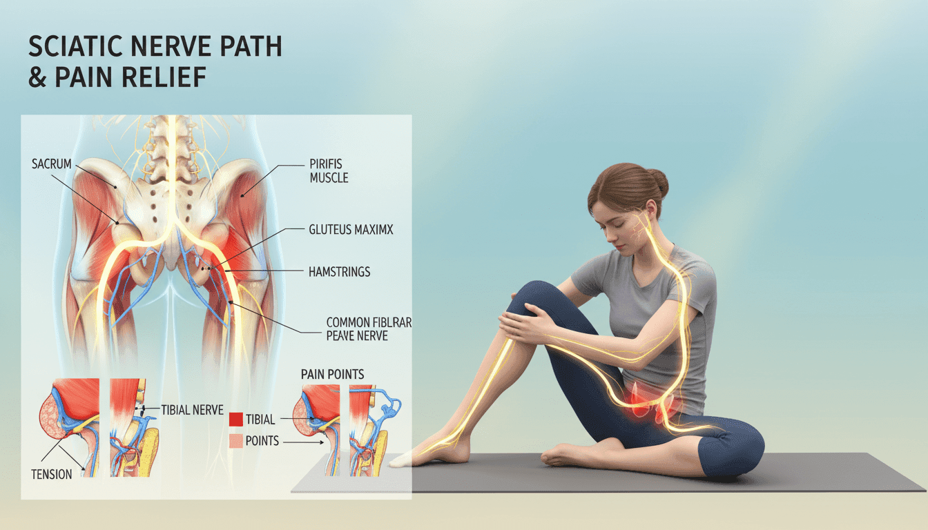 Soulager une sciatique en 60 secondes : mythe ou réalité ? 1 A detailed anatomical illustration of the sciatic nerve, showcasing its path from the lower back, through the gluteal region, and down each leg. In the foreground, a clear, labeled diagram of the nerve branches and surrounding muscle structures, with colors highlighting areas of tension and pain. In the middle ground, a neutral, professional portrayal of a human figure in modest athletic attire, demonstrating a common stretching position to alleviate sciatic pain. The background features a subtle gradient with soft lighting, evoking a calm and educational atmosphere. The focus is sharp on the nerve anatomy, with a blurred background to emphasize the subject matter. Overall, aim for a clean and informative look suitable for educational use.