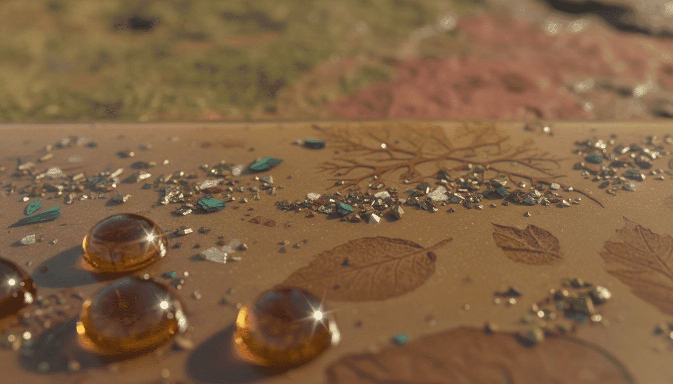 A detailed close-up of Quarex resin with mineral fillers, showcasing the unique texture and intricate patterns formed by the materials. The foreground features glistening droplets of resin reflecting light, enhancing its glossy appearance. The middle layer reveals a smooth, semi-translucent surface of the resin, with visible mineral inclusions shimmering within, hinting at their historical significance. The background fades softly, focusing on organic textures that evoke nature, suggesting the resin’s connection to its traditional origins. The scene is illuminated by soft, diffused natural light, enhancing the warmth and depth of colors, while a slightly tilted angle provides an engaging perspective. The overall atmosphere conveys a sense of craftsmanship and heritage, emphasizing the material's historical context.