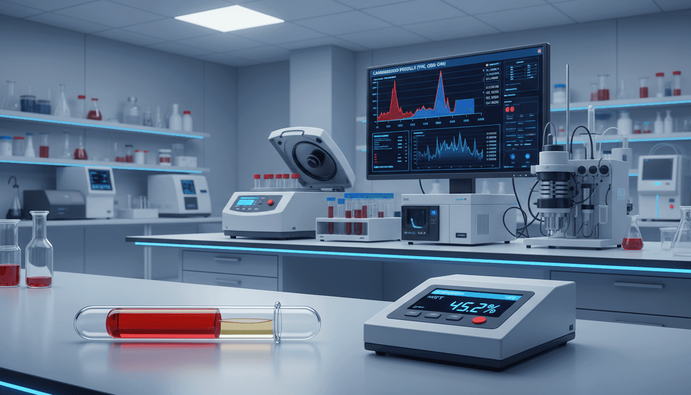 A detailed, high-resolution illustration of a blood analysis laboratory setting focused on HCT (Hematocrit) and cannabinoid levels. Foreground: a clear glass tube filled with vibrant red blood, with a precise measuring device next to it reflecting the HCT percentage. Middle ground: a sleek modern lab workstation equipped with high-tech analytical instruments, like a centrifuge and a digital display showing cannabinoid graphs. Background: softly blurred shelves lined with biological samples and sophisticated lab equipment, illuminated by soft, clinical lighting to create a sterile, professional atmosphere. The scene should convey a sense of advanced scientific inquiry and medical professionalism, with an overall mood of clarity and focus.