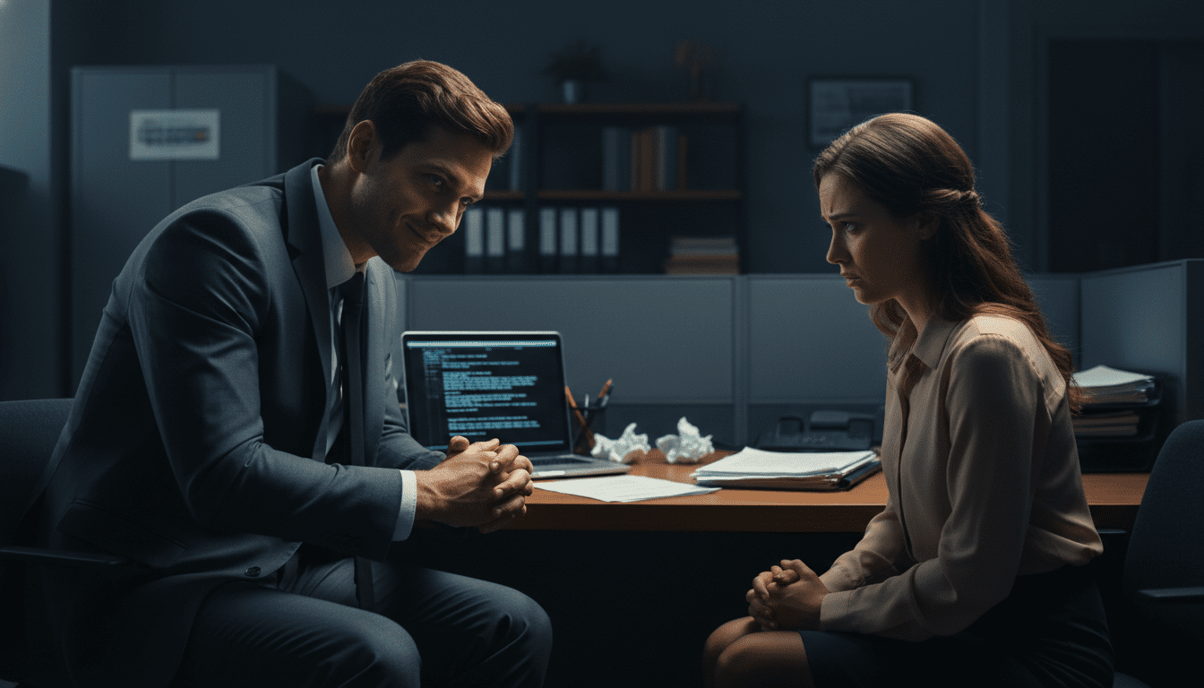 A dimly lit office setting, emphasizing a sense of secrecy and tension. In the foreground, a man in a crisp business suit leans forward on his desk, eyes narrowed, depicting manipulation and cunning. His expression is sly and calculating, conveying a sense of control. In the middle ground, a woman in modest professional attire sits across from him, looking confused and vulnerable, reflecting emotional turmoil. Papers and a laptop reveal signs of hidden communication and deceptive strategies, subtly hinting at the theme of manipulation. The background features blurred office elements, casting shadows that deepen the atmosphere of intrigue and untrustworthiness. Soft, dramatic lighting highlights their facial expressions, enhancing the mood of tension and unease.